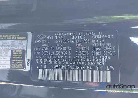 2018 Hyundai Santa Fe Se z USA, uszkodzony, nr VIN KM8SM4HF4JU257584